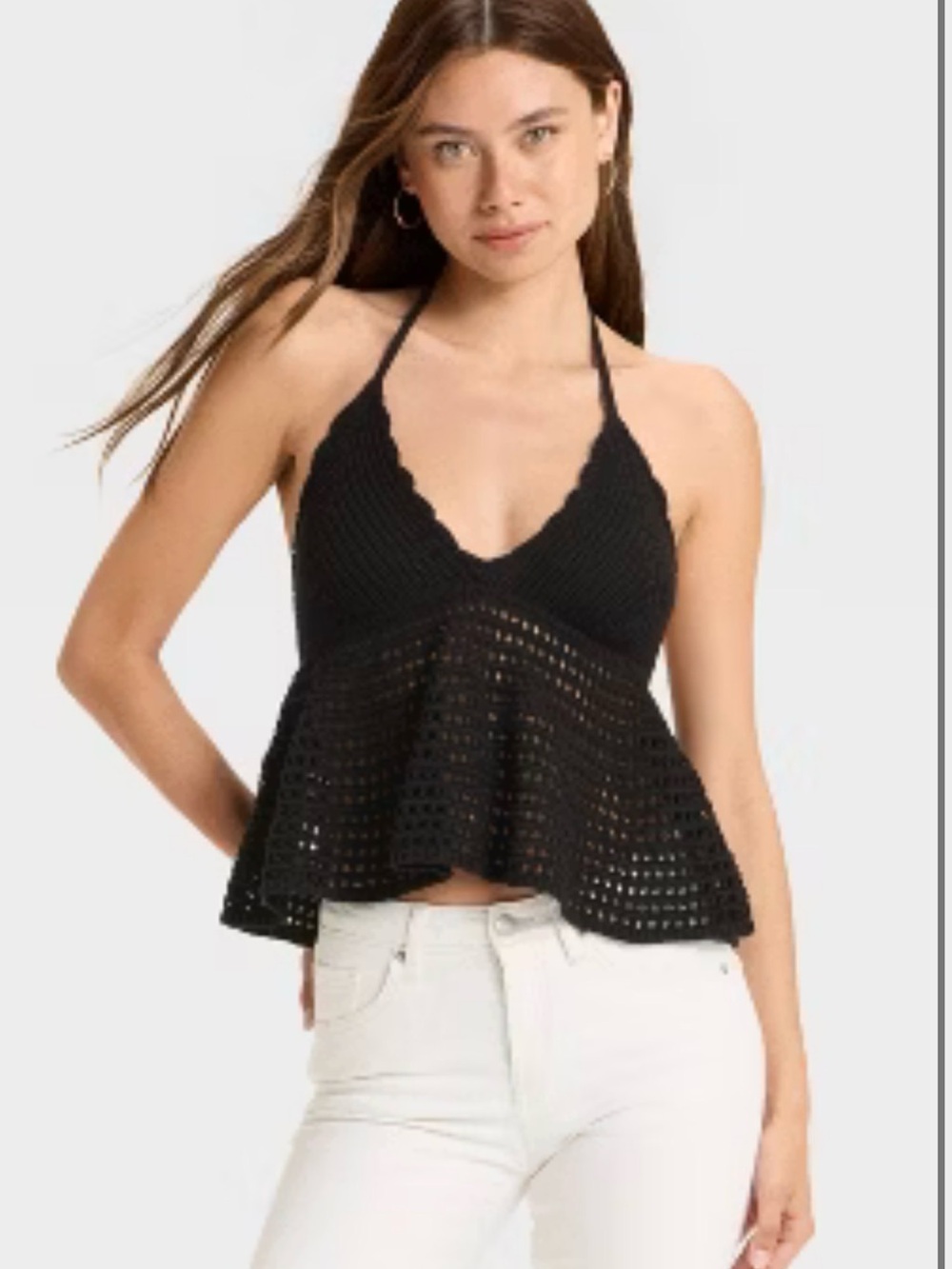wild fable Black Crochet Halter Peplum Tank